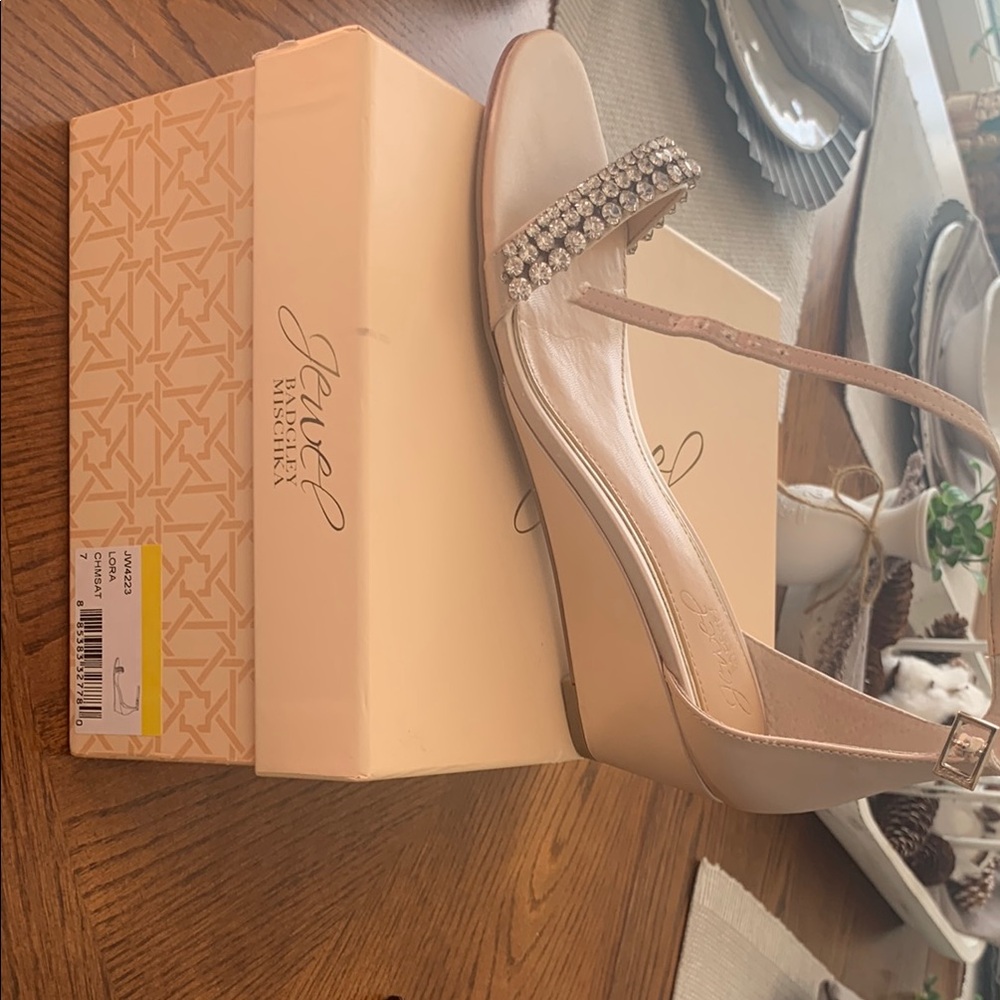 Jewel Badgley Mischka Cream Wedge Shoes with Jeweled Strap
